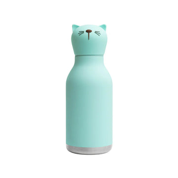 Cat Bestie Bottle | Asobu - Matte turquoise stainless steel water bottle shaped like a cat with black whisker and nose details and a rounded cap.