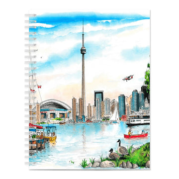 Toronto Island Skyline Notebooks - Spiral-bound notebook featuring handmade watercolor illustration of Toronto Island skyline with CN Tower, boats, and.