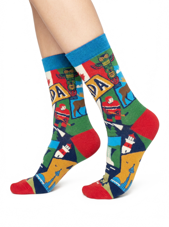 Women's Canada Landmark Collage Crew Socks with Maple Leaf, Totem, Hockey & Travel Icons