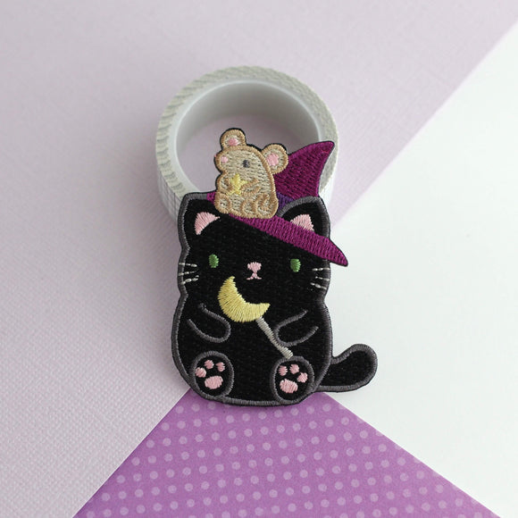Witch Black Cat w/ Mouse Familiar Embroidered Iron on Patch