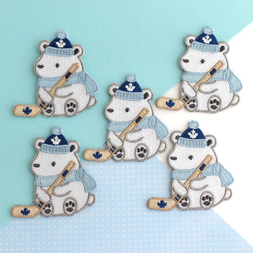 Polar Bear Playing Hockey Embroidered Patch - Maple Leaf Hat - 0
