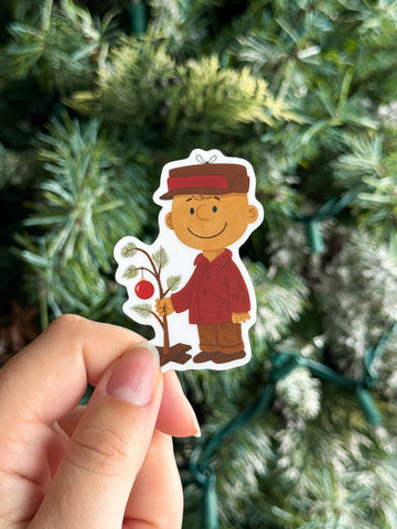 Charlie and Tree  - Vintage Christmas Peanuts Vinyl Sticker - 0