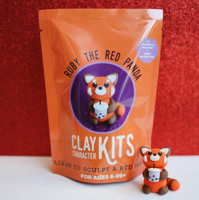 Clay Character Kits - Ruby the Red Panda clay character kit in orange packaging, unique Canadian handmade gift.