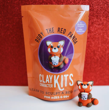 Clay Character Kits - Ruby the Red Panda clay character kit in orange packaging, unique Canadian handmade gift.