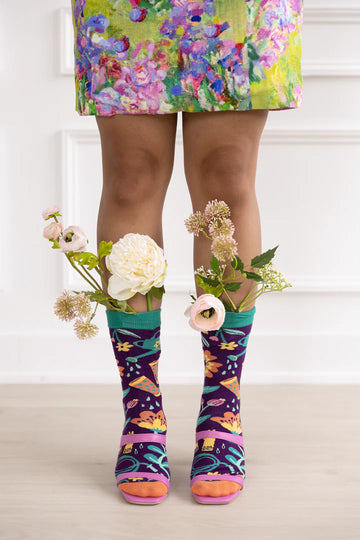 Women's Green Thumb Socks - Colorful women's green thumb socks with gardening tools pattern, handmade Canadian gift idea.