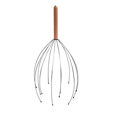 Head Massager - Head massager with a smooth wooden handle and flexible, thin metal wires ending in small rounded tips.
