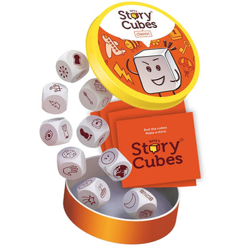 Rory's Story Cubes - Rory's Story Cubes game with white dice featuring brown icons, orange tin, and booklet, unique Canadian gift.