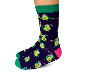 Women's Avocardio Socks - Navy blue socks with green cuffs, toes, and heels, decorated with playful avocado characters, unique handmade Canadian gift.