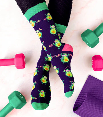 Women's Avocardio Socks - Navy blue women's socks with green toe, heel, cuff, and avocado pattern, handmade Canadian gift design.