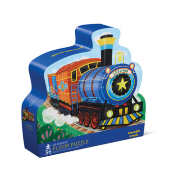 36 PC Puzzle: All Aboard - 36-piece handmade Canadian puzzle shaped like a colorful vintage blue and orange train, unique gift for kids ages 2-4.