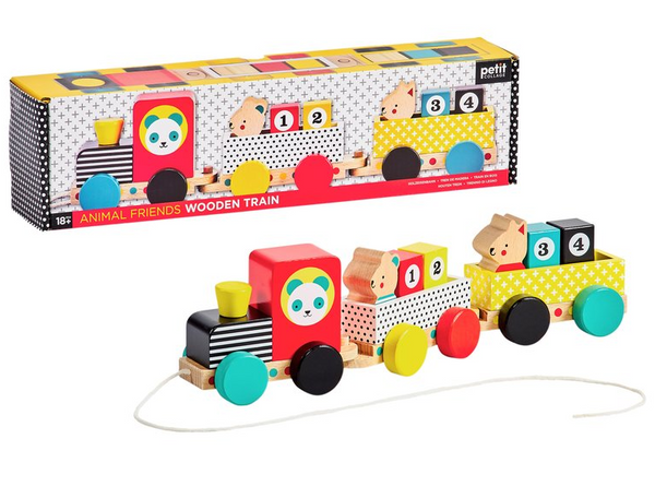 A small multicolored train with different patterns on each car. 2 animals sit in the front seat of each car followed by 2 labelled number blocks