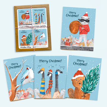 Box of 8 Christmas Critters Greeting Cards | The Paperhood - Box of 8 unique handmade Canadian Christmas critters greeting cards featuring festive animals and holiday designs.