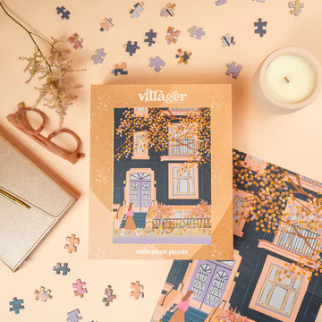 Villager Puzzles | Autumn in Montreal | 1000-Piece Puzzle for Adults - Autumn in Montreal 1000-piece handmade Canadian puzzle by Villager Puzzles, unique gift packaging with fall leaves design.