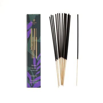 Incense Sticks - Storm - Handmade Canadian incense sticks in black with natural wooden ends, unique gift packaging in dark green and purple.