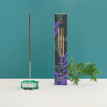 Incense Sticks - Storm - Handmade Canadian incense sticks in green glass holder with dark floral packaging, unique gift.
