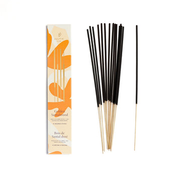 Incense Sticks - Golden Sandalwood - Handmade Canadian golden sandalwood incense sticks with bright orange floral packaging, unique gift idea.