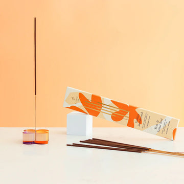 Incense Sticks - Golden Sandalwood - Handmade Canadian golden sandalwood incense sticks with modern orange floral gift box and glass holder.