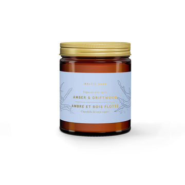 Amber & Driftwood Soy Candle - Amber and driftwood scented soy candle in amber glass jar with gold lid, handmade Canadian gift.