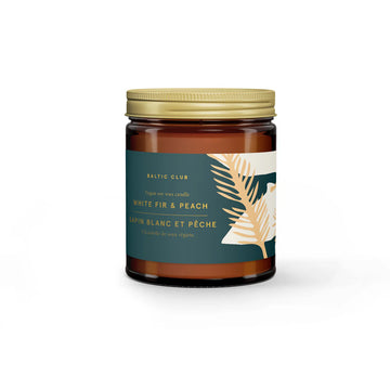White Fir & Peach Candle - Handmade Canadian White Fir & Peach candle in amber jar with gold lid and green label, unique gift.