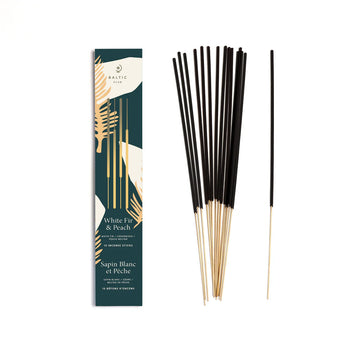 Incense Sticks - White Fir & Peach - Handmade Canadian white fir and peach incense sticks with dark tips, unique gift packaging.