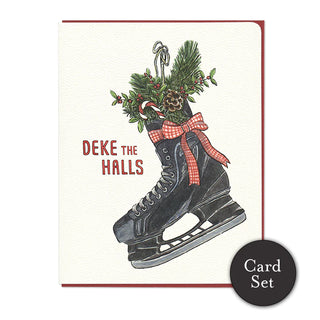 A white card with a black skate filled with pine, holly and candy canes next to red font reading 