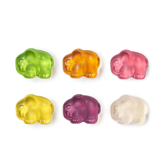 Vegan Baby Elephants (Squish) - Six translucent vegan gummy elephants in green, orange, pink, yellow, purple, and white arranged in two rows on white.