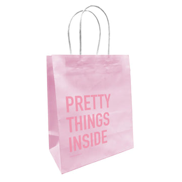 Pretty Things Inside Paper Bag - Pink paper gift bag with twisted handles and bold "Pretty Things Inside" text, unique handmade Canadian style.