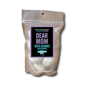 Dear Mom Bath Bombs - Clear resealable pouch with three white handmade bath bombs labeled Dear Mom, unique Canadian gift.