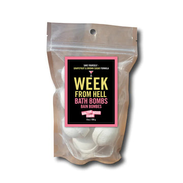 Week From Hell Bath Bombs - Clear resealable bag of six white handmade bath bombs with bold black and yellow "Week From Hell Bath Bombs" label, Canadian .