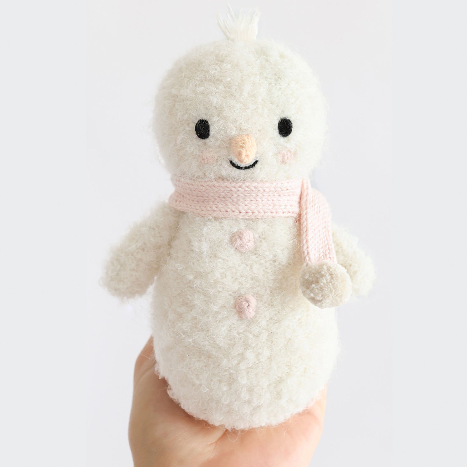 cuddle + kind Baby Animals - Handmade cuddly baby snowman plush with pink scarf, unique Canadian gift for babies.