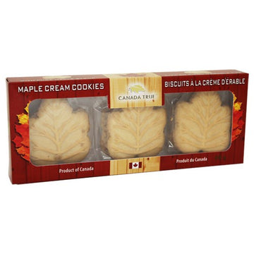 Maple Cream Cookie Trio - Handmade Canadian maple cream cookie trio shaped like maple leaves in festive red gift box.
