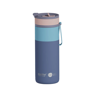Aspen Pastel Blue Bottle - Tall pastel blue and navy insulated bottle with beige flip-top lid and side strap.
