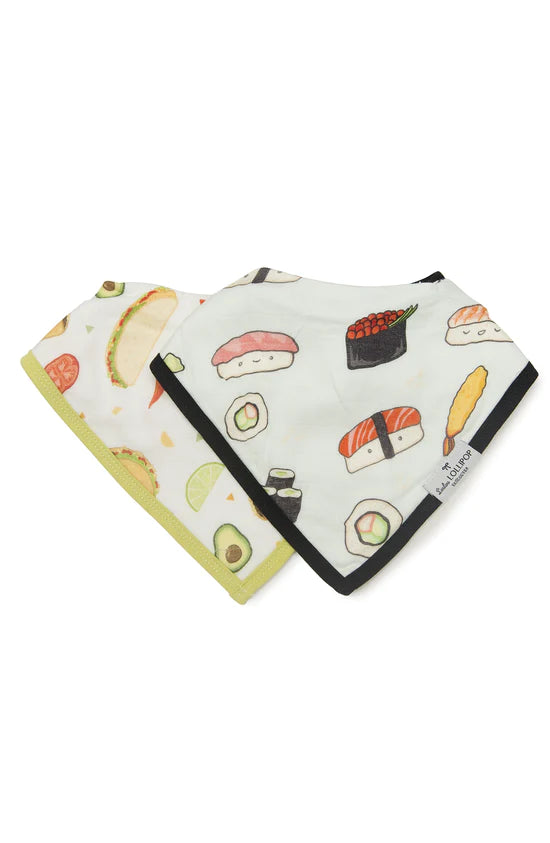 2 bandana set, one is black and white with sushi patterns and the other is beige and white with sandwiches, avocadoes, and tacos