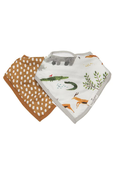 Loulou Lollipop Bandana Bib Set (various patterns) - Handmade Canadian baby bandana bib set with brown polka dots and safari animal print, unique gift.