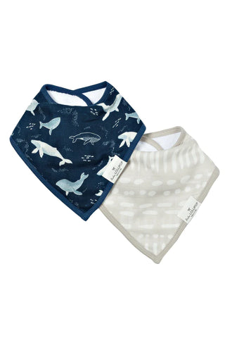 2 bandana set, one is blue with whales and the other is grey and white