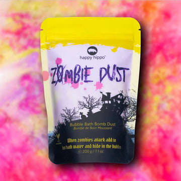 Zombie Dust - bubble bath dust - Yellow and black pouch of Happy Hippo Zombie Dust bubble bath dust with Halloween-themed design, Canadian handmade gift.