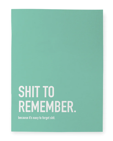 Shit to Remember Notebook - Light teal notebook with bold white text "SHIT TO REMEMBER." and smaller text "because it's easy to forget shit.