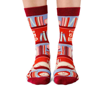 Women's Bookworm Socks - Red crew socks with colorful bookshelf and book designs, handmade Canadian gift from Uptown Sox.