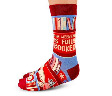 Women's Bookworm Socks - Handmade Canadian women's socks with red and blue book-themed design, unique gift idea.