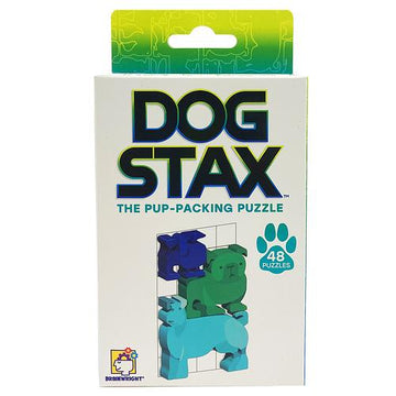 Dog Stax - Dog Stax puzzle box featuring colorful handcrafted Canadian wooden dog pieces, unique gift for kids and grown-ups.