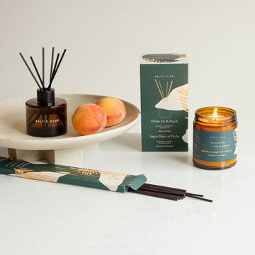 Incense Sticks - White Fir & Peach - Handmade Canadian white fir and peach incense sticks with amber glass holder and scented candle gift set.
