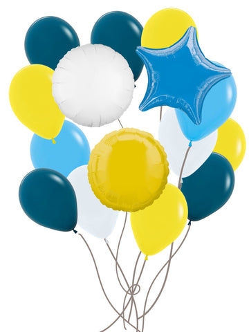 Custom Balloon Bouquet - Handmade Canadian balloon bouquet with yellow, blue, and white helium balloons, unique birthday gift.