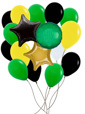 Custom Balloon Bouquet - Unique handmade Canadian balloon bouquet with black, green, yellow latex and star-shaped foil balloons, perfect gift.