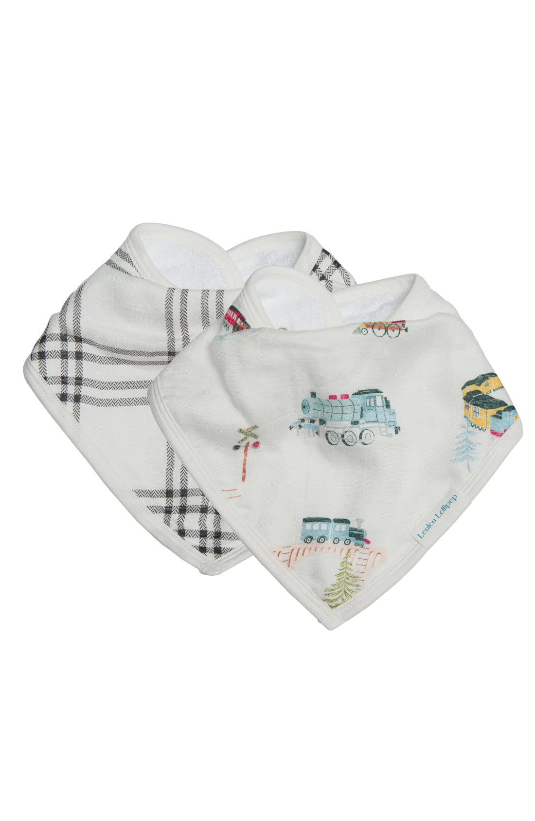 2 bandana set, one with trains, and the other in black and white plaid