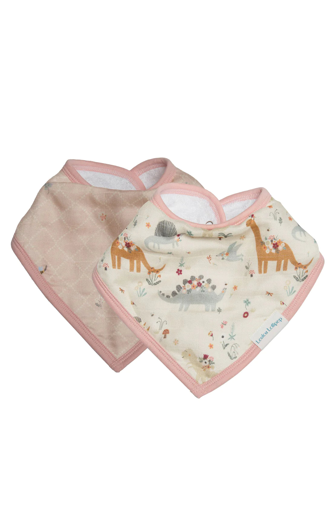 2 bandana set, both pink, one with dinosaurs with flowers on their back, and the other one in plain pink