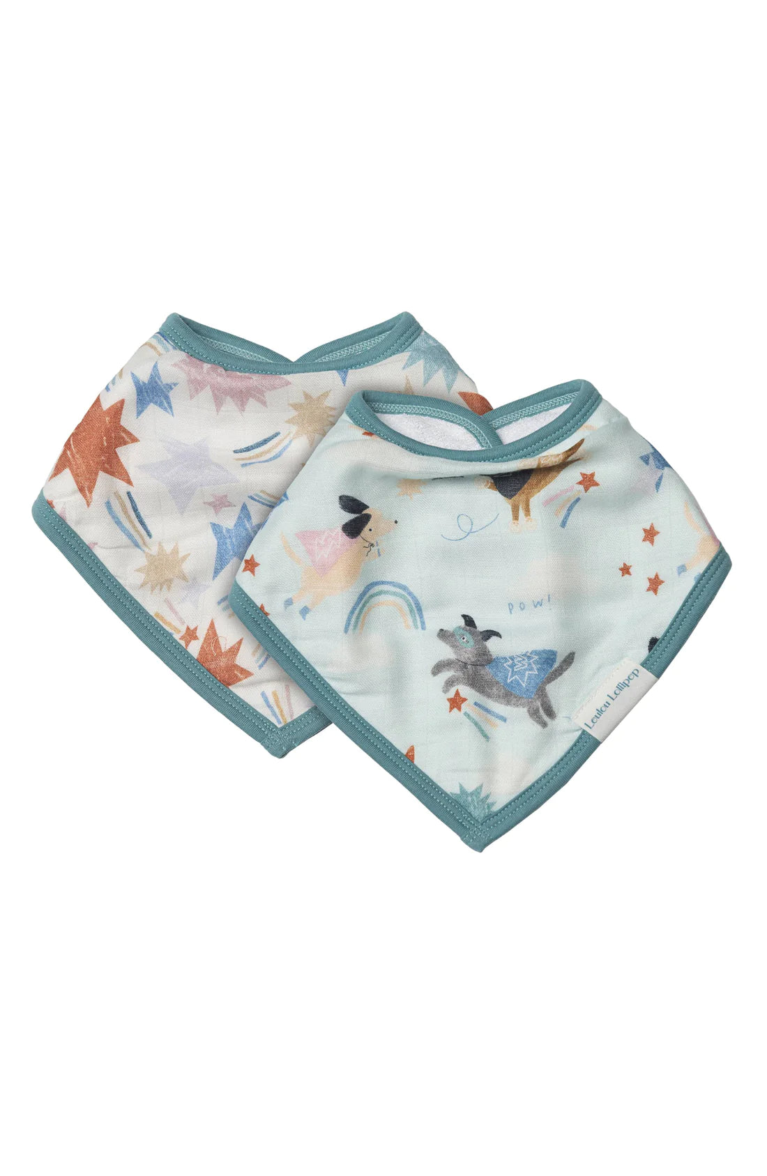 2 bandana set, one with superhero dogs and the other one with shooting stars