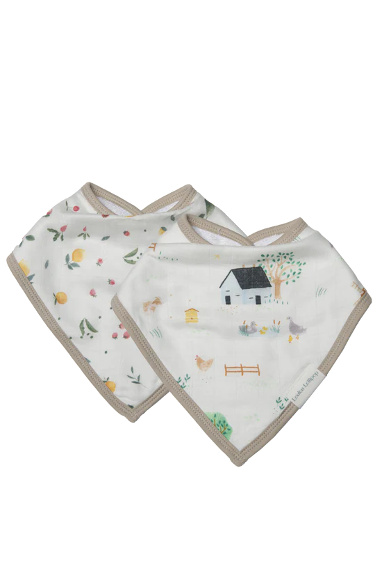 2 bandana set, one with farm animals on it and the other with vegetables