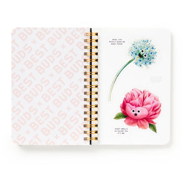 Best Buds Sticker Book - Open Best Buds sticker book with whimsical dandelion and pink flower character stickers, unique handmade Canadian gift.