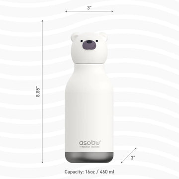 Seal Bestie Bottle | Asobu - White Asobu Seal Bestie Bottle with polar bear cap, handmade Canadian gift, 16oz capacity.