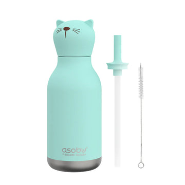 Cat Bestie Bottle | Asobu - Matte turquoise cat-shaped water bottle with stainless steel base, silicone straw, and cleaning brush.